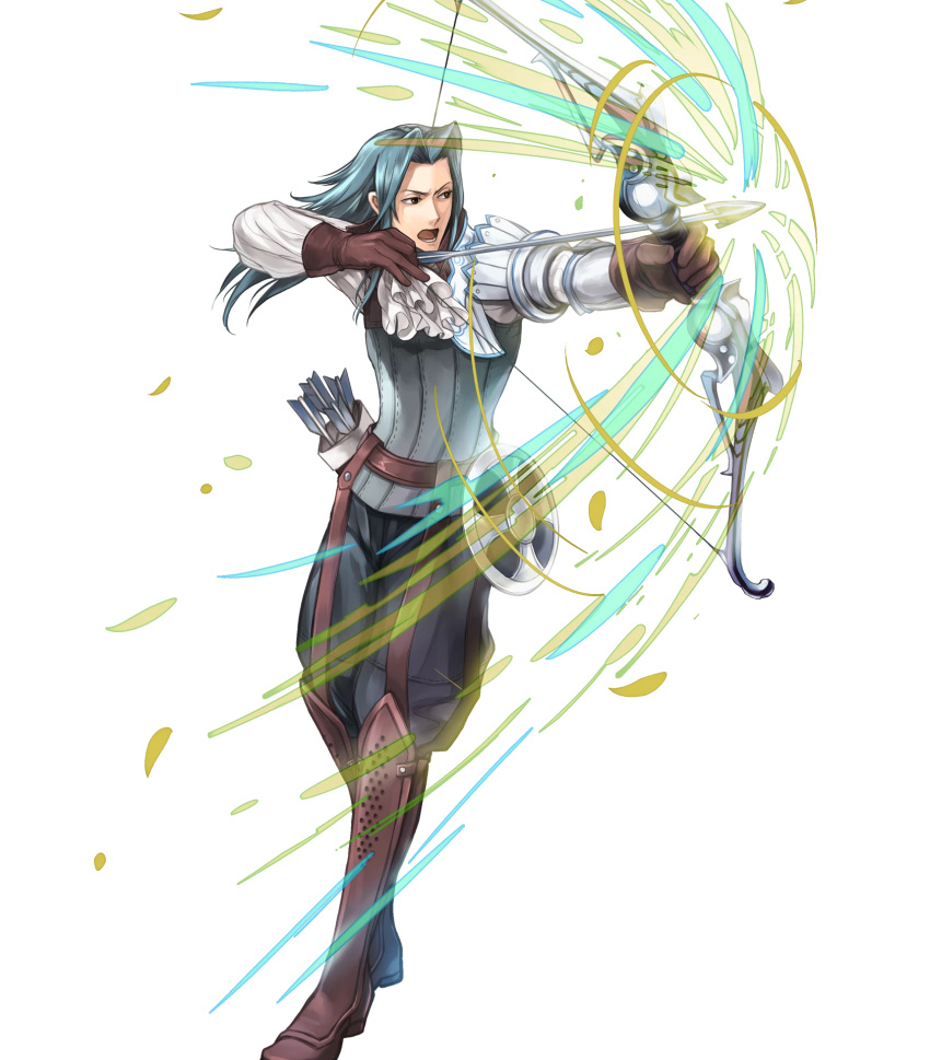 1boy arrow blue_hair boots bow_(weapon) brown_hair fire_emblem fire_emblem:_kakusei fire_emblem_heroes full_body gloves highres long_hair male_focus official_art open_mouth quiver solo teeth transparent_background viole_(fire_emblem) wada_sachiko weapon
