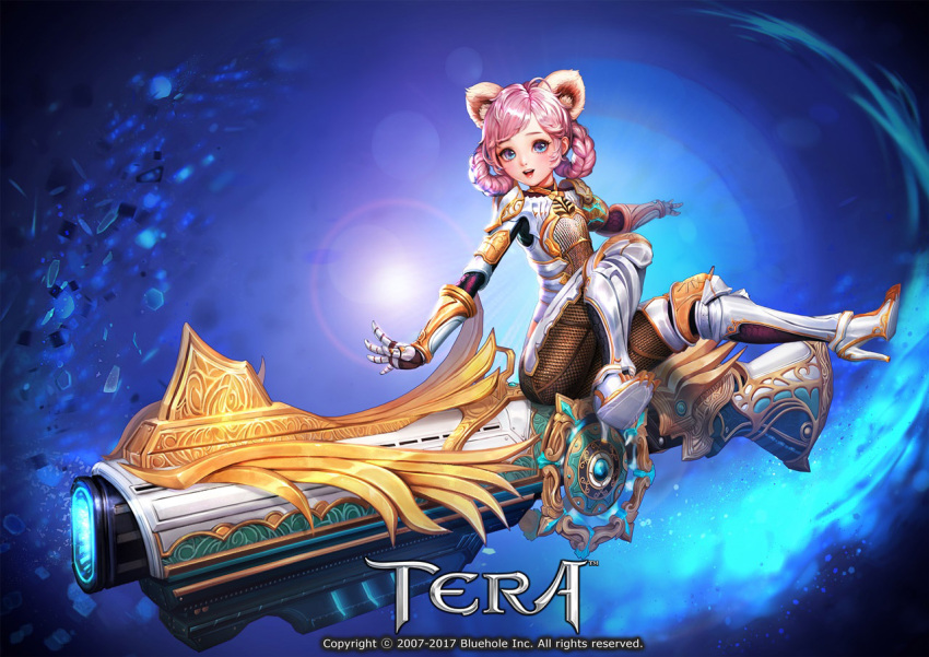 1girl animal_ears armor artist_request blue_eyes bodysuit braid cannon copyright_name elin_(tera) gun high_heels huge_weapon legs_up long_hair official_art open_mouth outstretched_arms pink_hair raccoon_ears shoes sitting smile solo spread_legs tera_online twin_braids twintails weapon