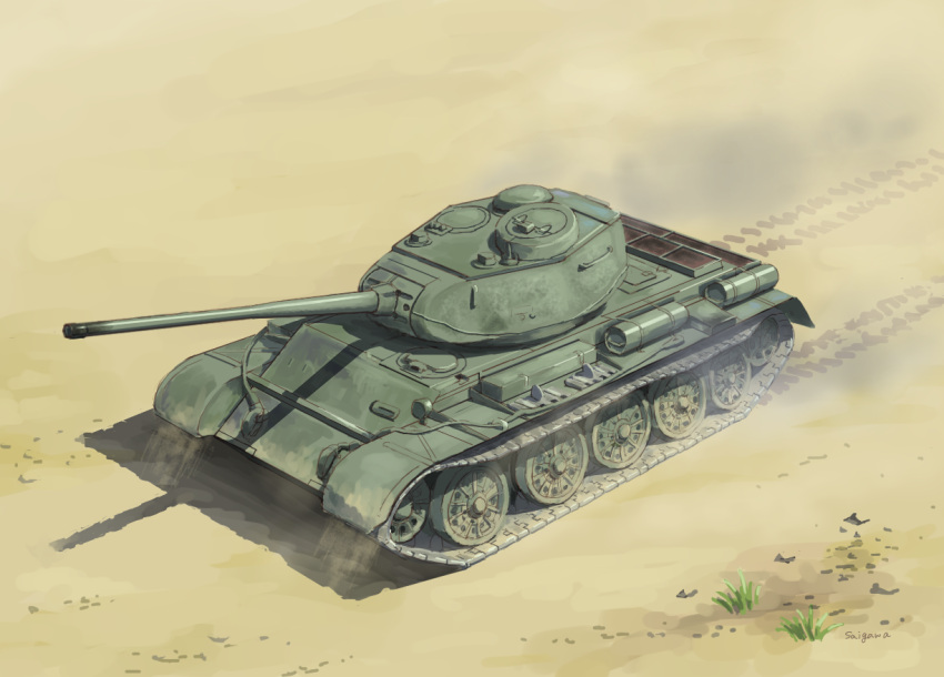 caterpillar_tracks ground_vehicle military military_vehicle motor_vehicle no_humans original saigawa sand t-44 tank
