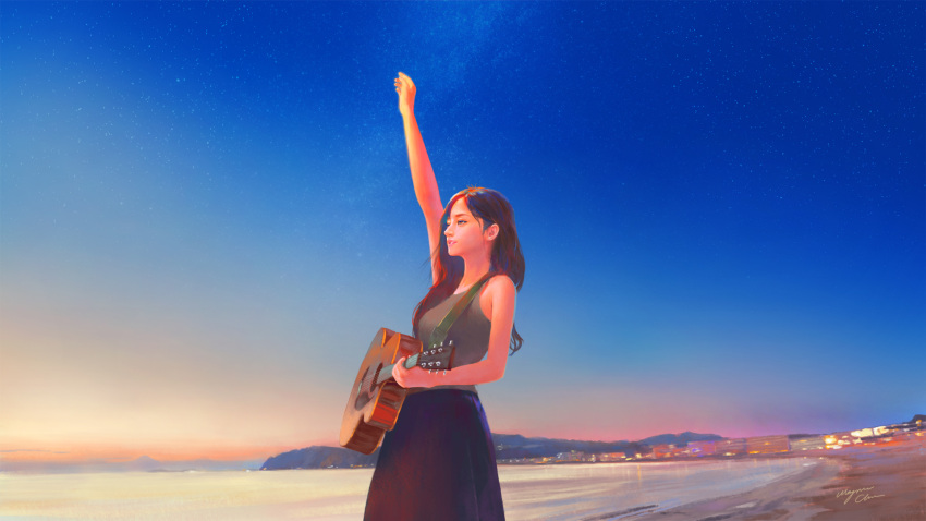 1girl acoustic_guitar arm_up bare_arms beach black_hair blue_skirt blurry brown_eyes cowboy_shot depth_of_field ears from_side guitar highres instrument lips long_hair looking_to_the_side nose ocean original outdoors parted_lips shirt signature skirt sky sleeveless sleeveless_shirt solo standing star_(sky) starry_sky sunset town wayne_chan