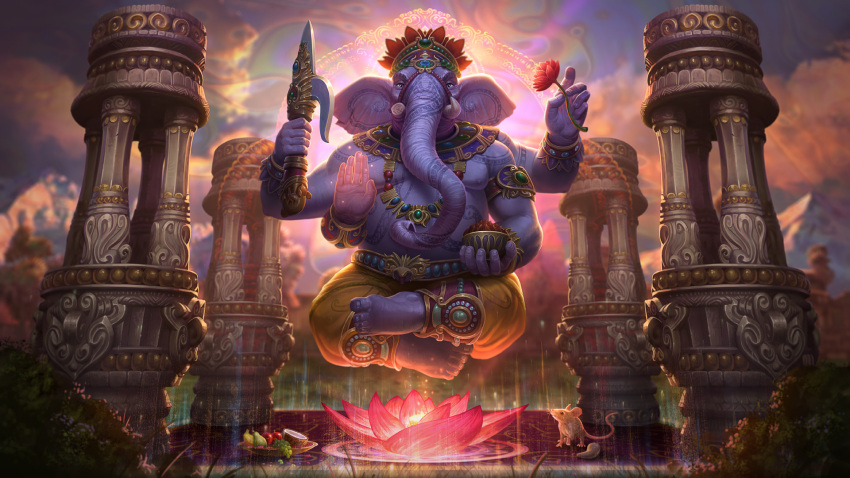 1boy barefoot blue_eyes blue_skin elephant extra_arms fat fat_man flower food fruit full_body furry ganesha_(smite) gem grass hat highres jewelry leaf lotus lotus_position mouse necklace official_art shirtless sky smite solo