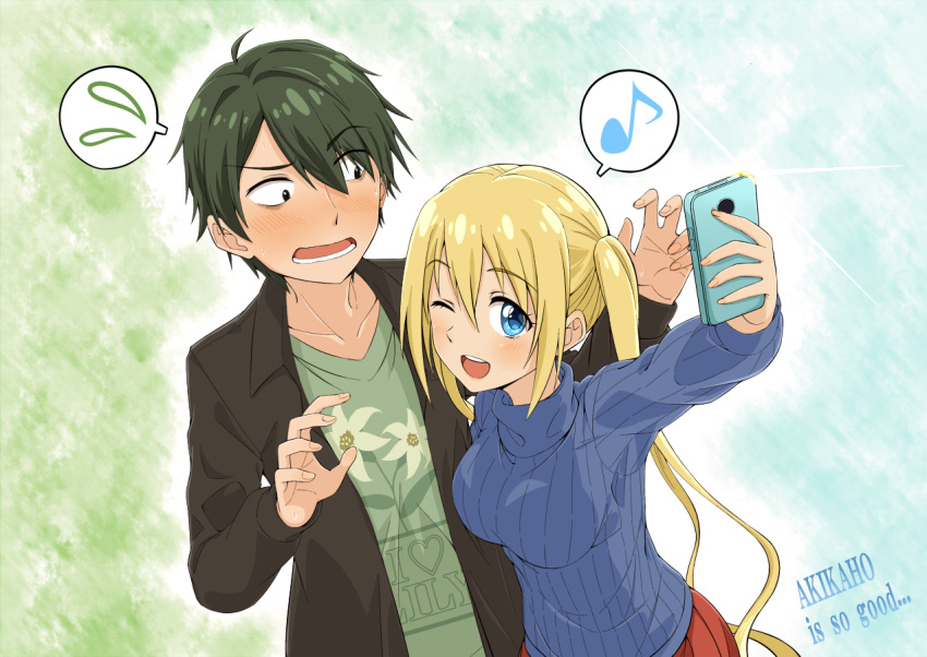 ... 1boy 1girl ;d akizuki_kouyou blend_s blush breasts casual couple david_dai eyebrows_visible_through_hair eyes_visible_through_hair green_hair hinata_kaho long_sleeves medium_breasts musical_note one_eye_closed open_mouth phone self_shot skirt smile sweater taking_picture text thought_bubble turtleneck turtleneck_sweater twintails