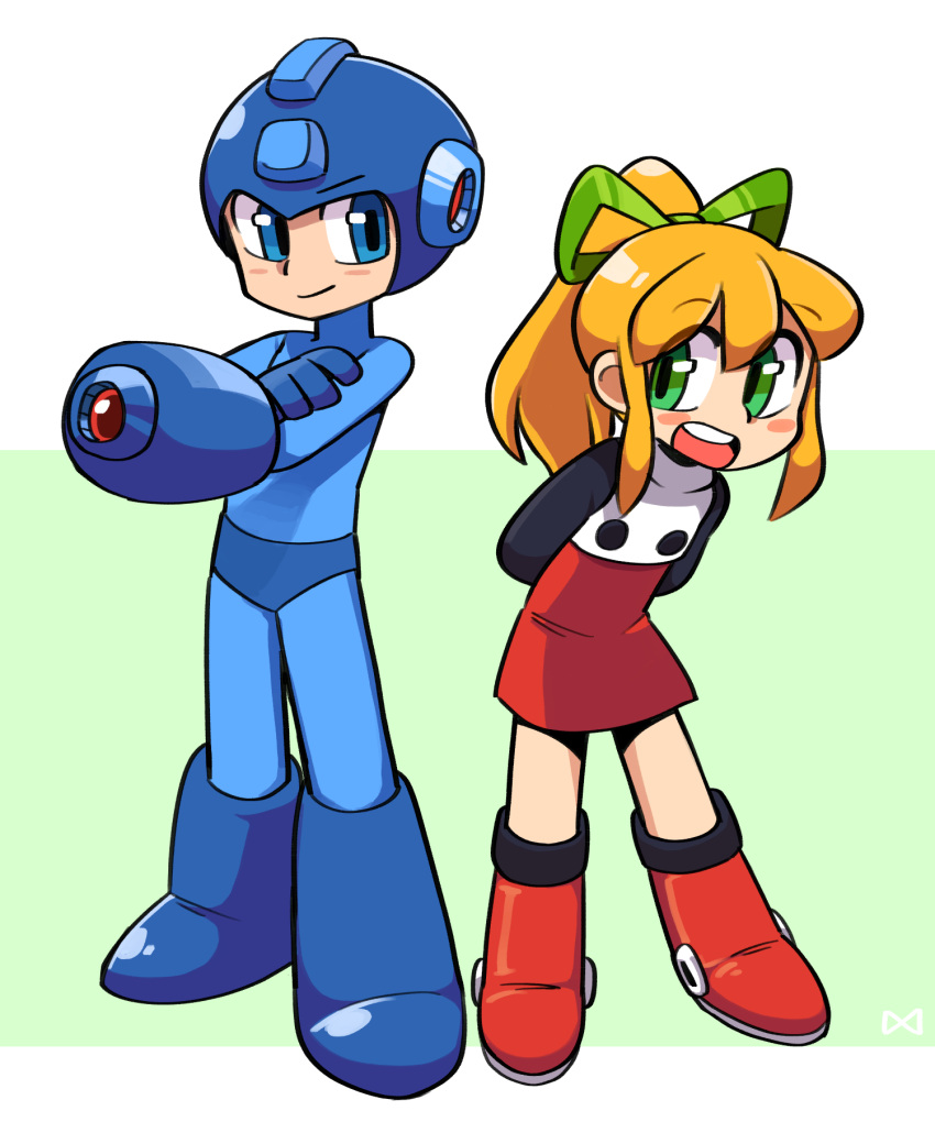 1boy 1girl arm_cannon arms_behind_back bangs black_shirt blue_bodysuit blue_boots blue_eyes blue_helmet blush_stickers bodysuit boots closed_mouth dress eyebrows_visible_through_hair flat_chest full_body green_eyes green_ribbon hair_ribbon helmet highres knee_boots leaning_forward lkll long_hair long_sleeves looking_at_another open_mouth ponytail red_boots red_dress ribbon rockman rockman_(character) rockman_(classic) roll shirt sidelocks smile standing teeth two-tone_background undershirt weapon