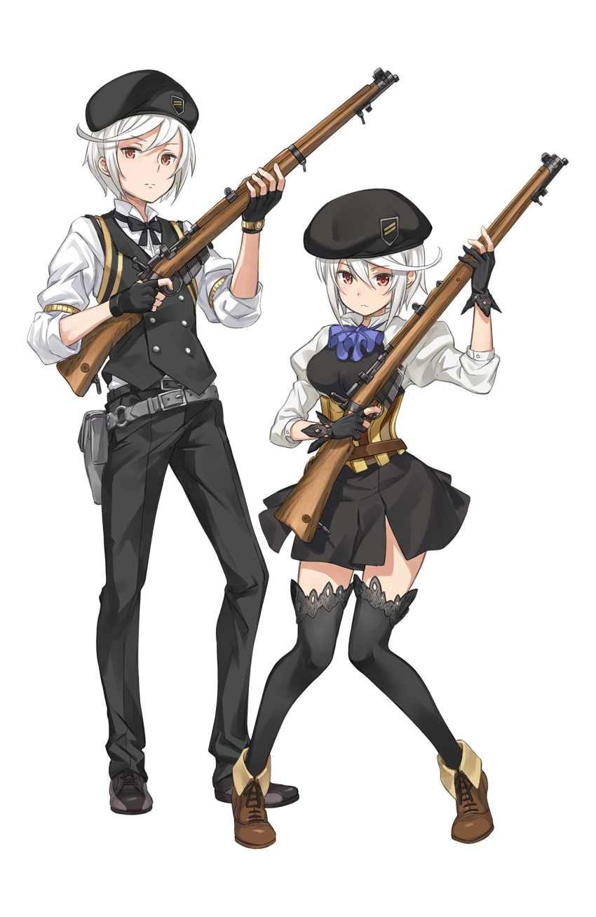 1boy 1girl belt beret black_legwear boots brown_eyes corset fingerless_gloves gloves gun hat highres holster neck_ribbon pants princess_principal ribbon rifle shirt short_hair thigh-highs vest watch watch weapon white_background white_hair white_shirt