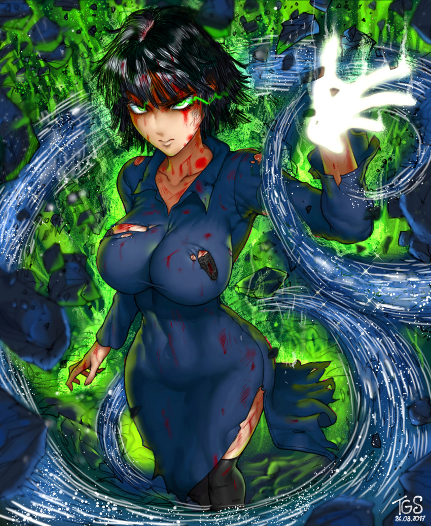 1girl absurdres angry arm_at_side black_bra black_hair black_legwear blood blood_on_face bloody_clothes blue_dress bra bra_peek breasts closed_mouth collarbone collared_dress commentary_request covered_navel cowboy_shot dated dress energy fubuki_(one-punch_man) glowing glowing_eyes green_eyes hand_up highres impossible_clothes impossible_dress initial kneehighs large_breasts long_sleeves looking_up motion_blur one-punch_man psychic revision rubble short_hair side_slit solo the_golden_smurf torn_clothes torn_dress underwear veins