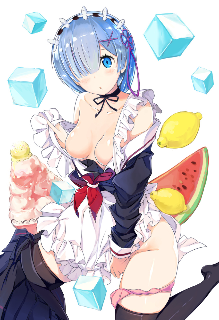 1girl apron araragikoyomis between_legs black_legwear black_ribbon black_skirt blue_eyes blue_hair blush breasts choker cleavage collarbone food fruit groin hair_over_one_eye hair_ribbon hand_between_legs head_tilt highres lemon medium_breasts neckerchief no_nipples panties panties_around_leg pink_panties pleated_skirt purple_ribbon re:zero_kara_hajimeru_isekai_seikatsu red_neckerchief rem_(re:zero) ribbon ribbon_choker short_hair skirt skirt_around_one_leg solo thigh-highs underwear white_apron white_background