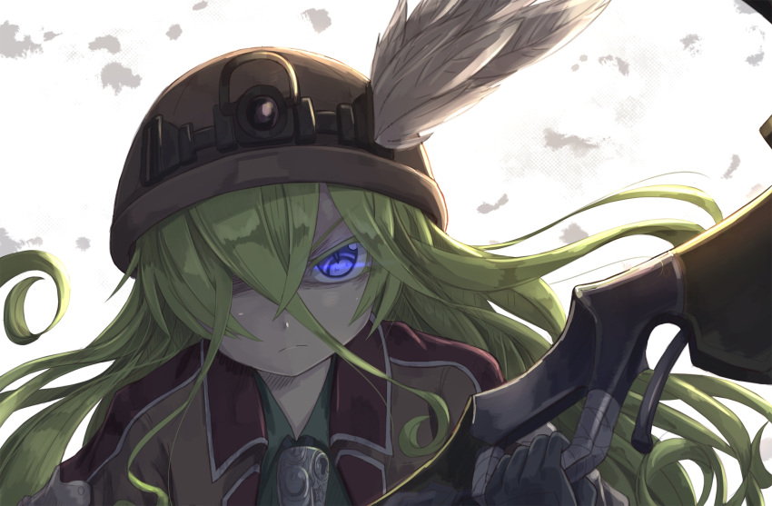 &gt;:( 1girl black_gloves blonde_hair blue_eyes closed_mouth collared_shirt colored_eyelashes commentary frown gloves glowing glowing_eyes green_shirt hair_over_one_eye hat_feather head_tilt highres hikari_niji holding long_hair looking_at_viewer lyza made_in_abyss mining_helmet pickaxe shirt solo upper_body whistle white_background wing_collar