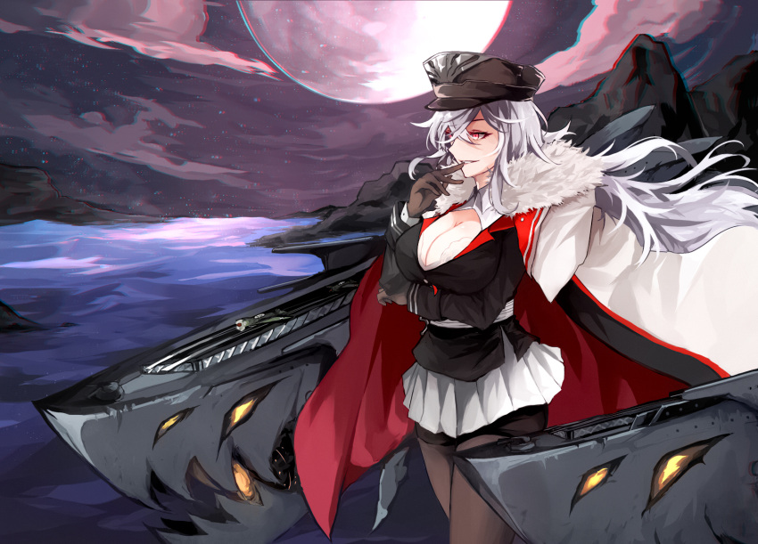 1girl bilan_hangxian black_gloves black_legwear boots bra breasts cleavage evil_smile finger_to_mouth full_moon gloves graf_zeppelin_(bilan_hangxian) grin hat highres jacket_on_shoulders large_breasts looking_afar miniskirt moon night outdoors pantyhose parted_lips peaked_cap pleated_skirt red_eyes sash shiliuye_feiyu skirt smile smoke solo teeth thigh-highs thigh_boots underwear water white_bra white_skirt wind