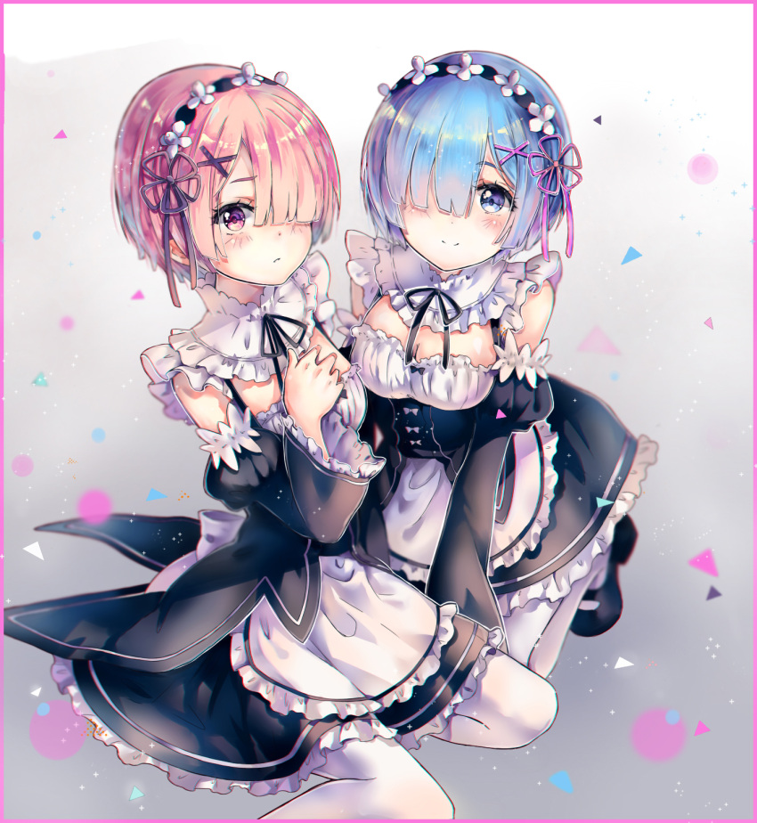 2girls apron black_ribbon black_shoes blue_eyes blue_hair blue_ribbon blush breasts cleavage covering covering_breasts detached_sleeves dress frilled_dress frilled_sleeves frills hair_ornament hair_over_one_eye hair_ribbon highres looking_at_viewer maid maid_headdress mary_janes multiple_girls pink_hair pink_ribbon purple_ribbon ram_(re:zero) re:zero_kara_hajimeru_isekai_seikatsu red_eyes rem_(re:zero) ribbon ribbon_trim shoes short_hair siblings sisters sitting smile teka twins underbust white_legwear x_hair_ornament