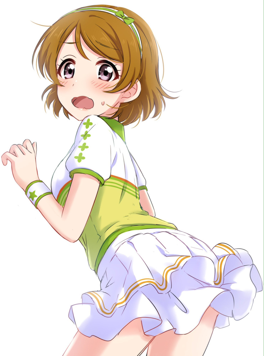 1girl bangs brown_hair cowboy_shot embarrassed eyebrows_visible_through_hair from_behind grey_eyes hairband highres koizumi_hanayo looking_at_viewer looking_back love_live! open_mouth pleated_skirt puffy_short_sleeves puffy_sleeves sekina short_hair short_sleeves simple_background skirt solo sweatdrop swept_bangs thighs wavy_mouth white_background white_skirt wristband