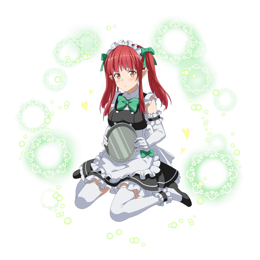 1girl apron blush bow bowtie brown_eyes elbow_gloves full_body gloves green_bow green_bowtie hair_bow highres holding long_hair looking_at_viewer maid maid_headdress pointy_ears rain_(sao) redhead sitting sleeveless solo sword_art_online thigh-highs transparent_background twintails wariza white_apron white_gloves white_legwear