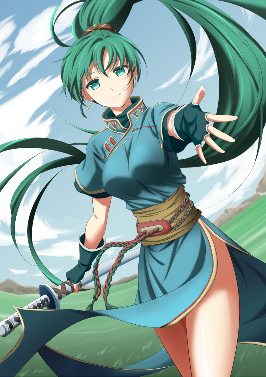 1girl day dutch_angle earrings fingerless_gloves fire_emblem fire_emblem:_rekka_no_ken floating_hair gloves green_eyes green_gloves green_hair hair_between_eyes hair_ornament high_ponytail highres holding holding_sword holding_weapon jewelry kakiko210 katana long_hair looking_at_viewer lyndis_(fire_emblem) outdoors sheath sheathed smile solo standing sword very_long_hair weapon