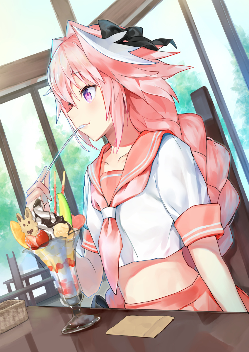 1boy :3 bangs blush braid cafe closed_mouth collarbone crop_top crop_top_overhang dutch_angle eyebrows_visible_through_hair fate/apocrypha fate/grand_order fate_(series) food fruit hair_between_eyes hair_intakes highres holding holding_spoon ice_cream indoors long_hair male_focus mango melon midriff nanotaro pink_hair pink_skirt pocky rider_of_black school_uniform serafuku short_sleeves sidelocks single_braid sitting skirt smile solo strawberry sundae trap violet_eyes wafer whipped_cream