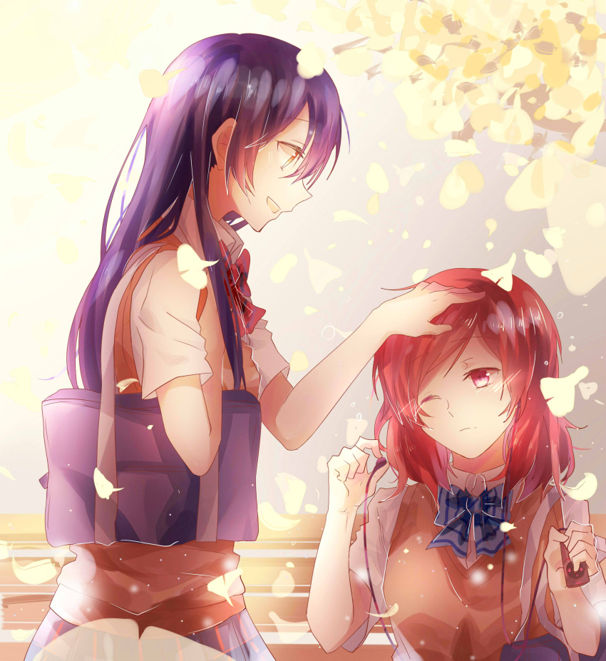 2girls :d blue_bow blue_bowtie blue_hair blue_skirt bow bowtie brown_eyes brown_jacket day earphones hair_between_eyes hand_on_another's_head highres leaf long_hair love_live! love_live!_school_idol_project multiple_girls nishikino_maki one_eye_closed open_mouth outdoors pleated_skirt red_bow red_bowtie red_eyes redhead school_uniform shirt short_sleeves sitting skirt smile sonoda_umi standing striped striped_bow walluku white_shirt
