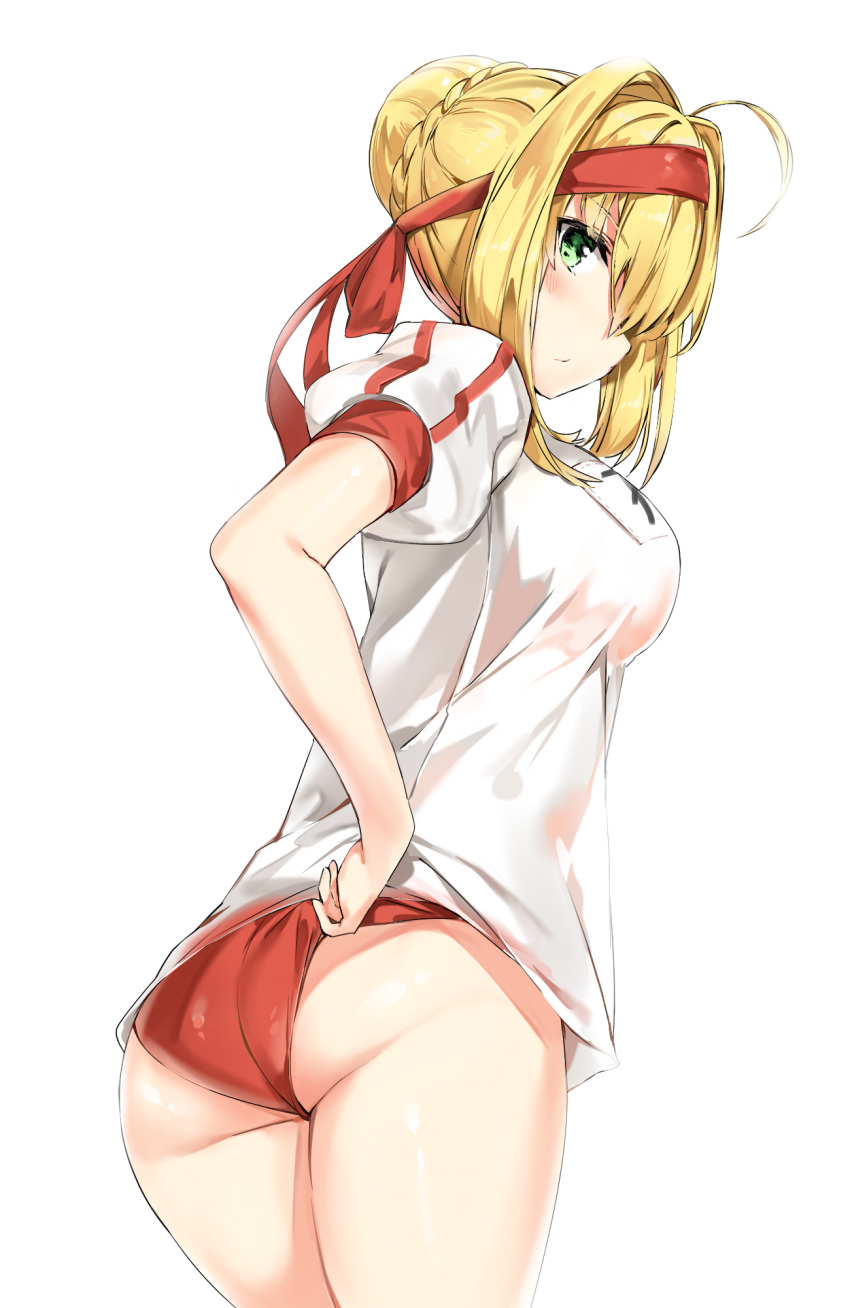 1girl adjusting_buruma adjusting_clothes ahoge ass bangs blonde_hair braid breasts buruma cowboy_shot fate/grand_order fate_(series) french_braid from_behind green_eyes gym_uniform hair_bun hair_intakes headband highres looking_at_viewer looking_back medium_breasts name_tag profile red_buruma saber_extra shirt short_hair short_sleeves silver_(chenwen) simple_background solo white_background