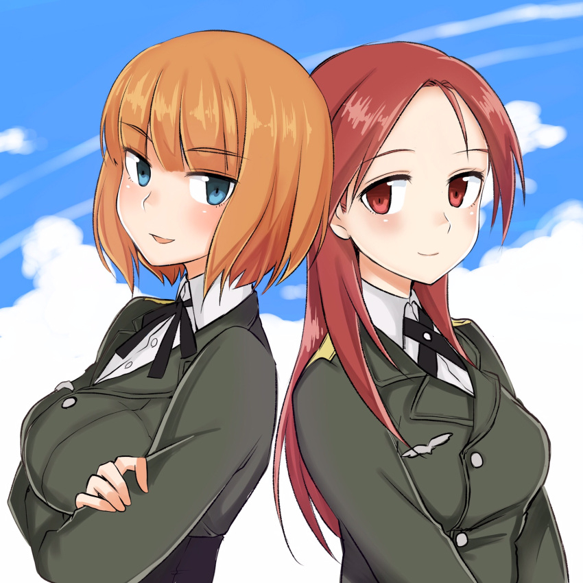 2girls back-to-back blue_eyes brave_witches crossed_arms emirio110 emirio_(user_wmup5874) gundula_rall highres looking_at_viewer military military_uniform minna-dietlinde_wilcke multiple_girls open_mouth orange_hair red_eyes redhead smile strike_witches uniform world_witches_series