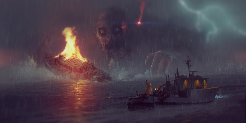 absurdres arm_up boat commentary fire flare_gun from_behind giant highres holding lightning monster night original outdoors rain raincoat ship sinking standing water watercraft weihao_wei