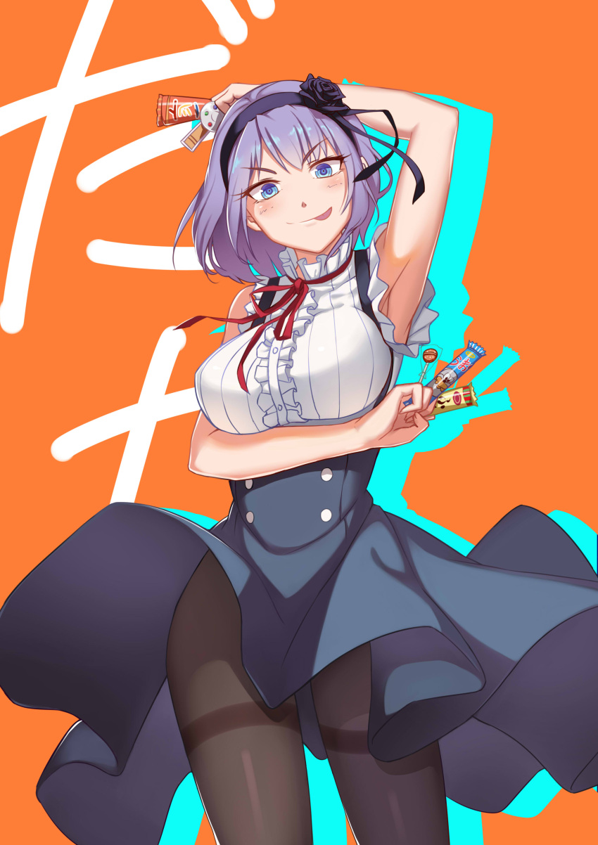 &gt;:p 1girl :p absurdres arm_behind_head armpits black_hairband black_legwear black_rose black_skirt blue_eyes breasts candy contrapposto cowboy_shot dagashi_kashi flower food frilled_shirt frills hair_flower hair_ornament hairband high-waist_skirt highres hongchajun large_breasts looking_at_viewer pantyhose purple_hair red_ribbon ribbed_shirt ribbon ringed_eyes rose shidare_hotaru shirt short_hair skirt skirt_lift sleeveless sleeveless_shirt solo taketatsu_ayana thighband_pantyhose tongue tongue_out white_shirt