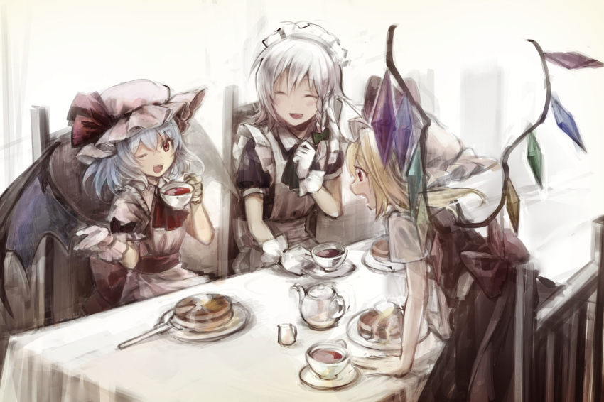 3girls bat_wings blonde_hair blue_hair bow braid chair cup flandre_scarlet food gloves green_bow hair_bow hat hat_ribbon izayoi_sakuya maid_headdress mob_cap multiple_girls one_eye_closed open_mouth pancake plate red_eyes red_ribbon red_skirt remilia_scarlet ribbon short_sleeves side_braid silver_hair skirt skirt_set smile table tea teacup teapot touhou vest white_gloves wings yuki_(popopo)