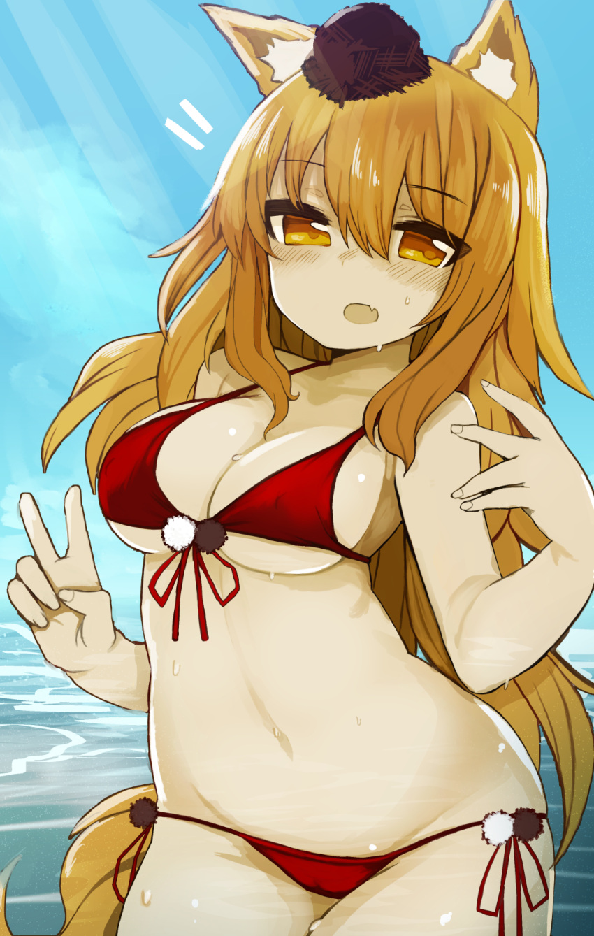 1girl animal_ears arms_up bangs bikini blue_background blush breasts brown_hair cleavage commentary_request eyebrows_visible_through_hair fang fate/extra_ccc_fox_tail fate_(series) fox_ears fox_tail front-tie_bikini front-tie_top hair_ornament highres izuoku large_breasts long_hair looking_at_viewer navel nose_blush open_mouth red_bikini saber_(fate/extra_ccc_fox_tail) side-tie_bikini sideboob solo standing stomach sweatdrop swimsuit tail under_boob v water yellow_eyes