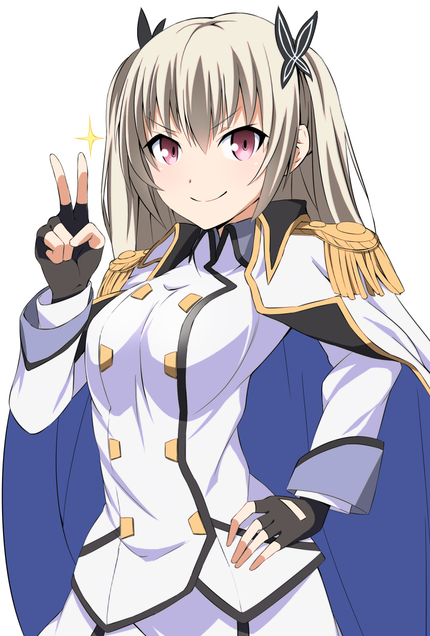 1girl absurdres black_gloves eyebrows_visible_through_hair fingerless_gloves gloves hair_between_eyes hair_ornament hal-bard hand_on_hip highres long_hair looking_at_viewer military military_uniform qualidea_code red_eyes silver_hair simple_background smile solo standing tenkawa_maihime uniform v white_background