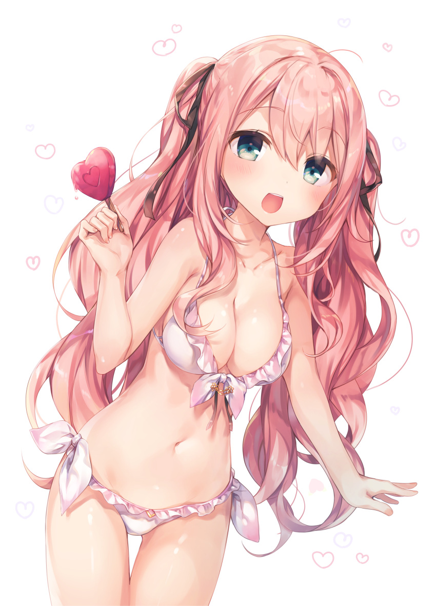 1girl :d absurdres arm_at_side bikini blush breasts cleavage collarbone cowboy_shot fanbox_reward food front-tie_bikini front-tie_top gluteal_fold green_eyes hair_ribbon halterneck heart highres komeshiro_kasu large_breasts long_hair looking_at_viewer navel open_mouth original pink_hair popsicle ribbon side-tie_bikini simple_background smile solo swimsuit twintails white_background