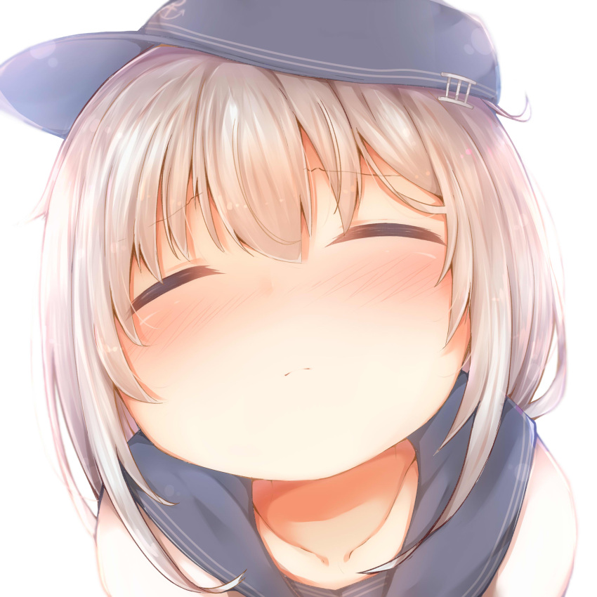 1girl absurdres anchor_symbol blush close-up closed_eyes commentary_request face flat_cap hat hibiki_(kantai_collection) highres kantai_collection sailor_collar solo sorahachi_(sora823) white_background