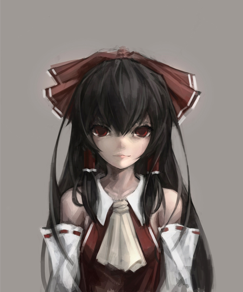 1girl arms_at_sides ascot bow closed_mouth detached_sleeves grey_background gyup91 hair_bow hair_over_shoulder hair_tubes hakurei_reimu highres lips long_hair looking_at_viewer red_eyes revision ribbon-trimmed_sleeves ribbon_trim solo touhou upper_body very_long_hair
