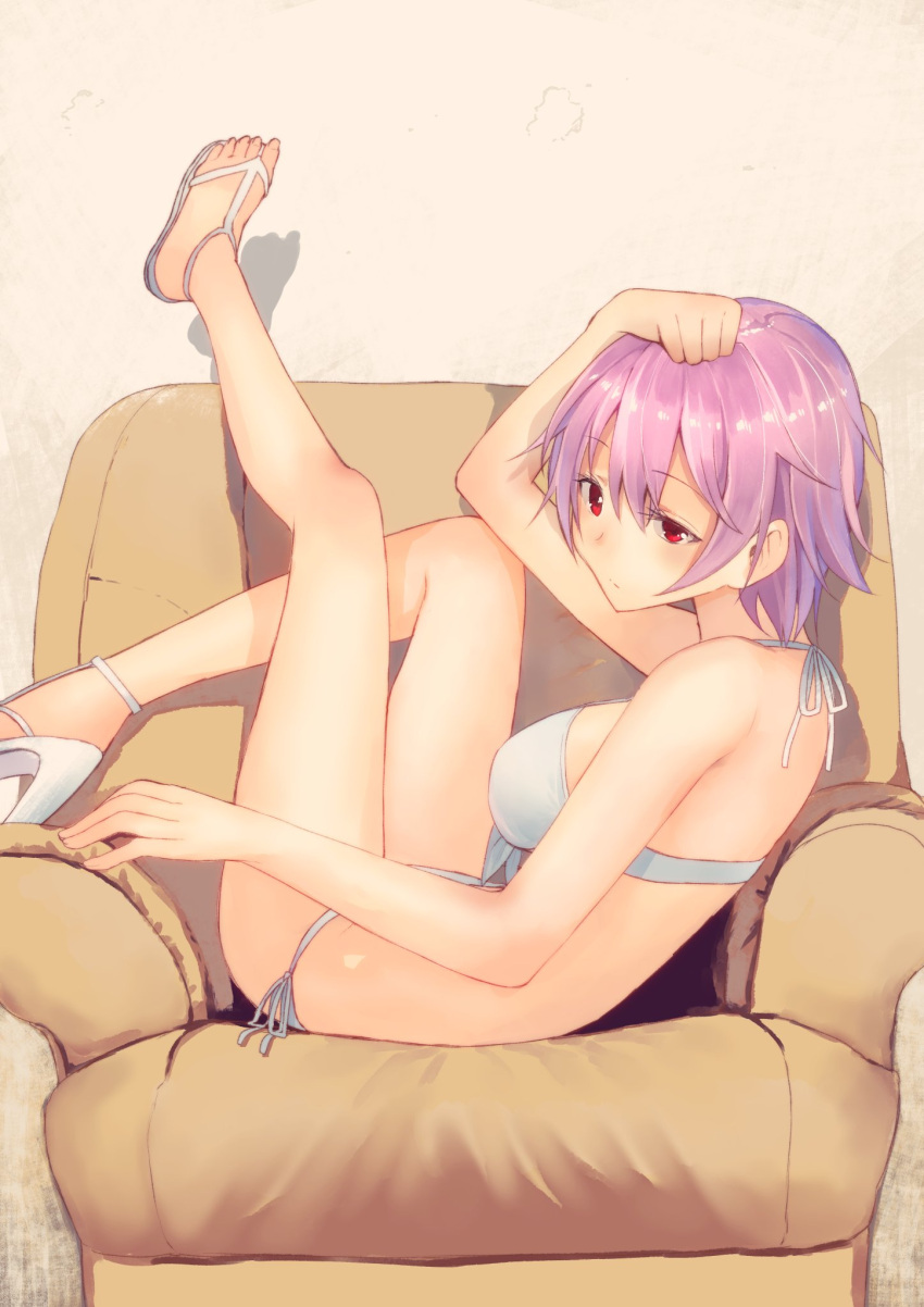 1girl arm_on_head bikini bow bow_bra bra closed_mouth commentary_request couch expressionless eyebrows_visible_through_hair from_side hand_on_own_head high_heels highres kantai_collection masukuza_j on_couch pink_hair reclining red_eyes sandals short_hair side-tie_bikini solo swimsuit tama_(kantai_collection) underwear wall white_bikini