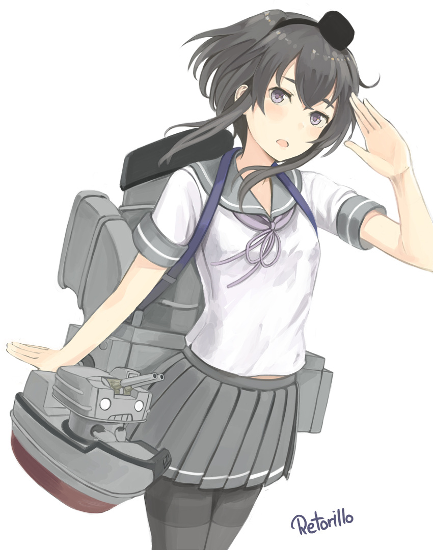 1girl alternate_costume artist_name black_hair black_hairband black_legwear blush cosplay cowboy_shot grey_eyes hairband highres kantai_collection looking_at_viewer neckerchief open_mouth pantyhose pleated_skirt rensouhou-kun retorillo rigging sagiri_(kantai_collection) sagiri_(kantai_collection)_(cosplay) sailor_collar salute school_uniform serafuku short_hair sidelocks skirt smokestack_hair_ornament strap tokitsukaze_(kantai_collection) white_background