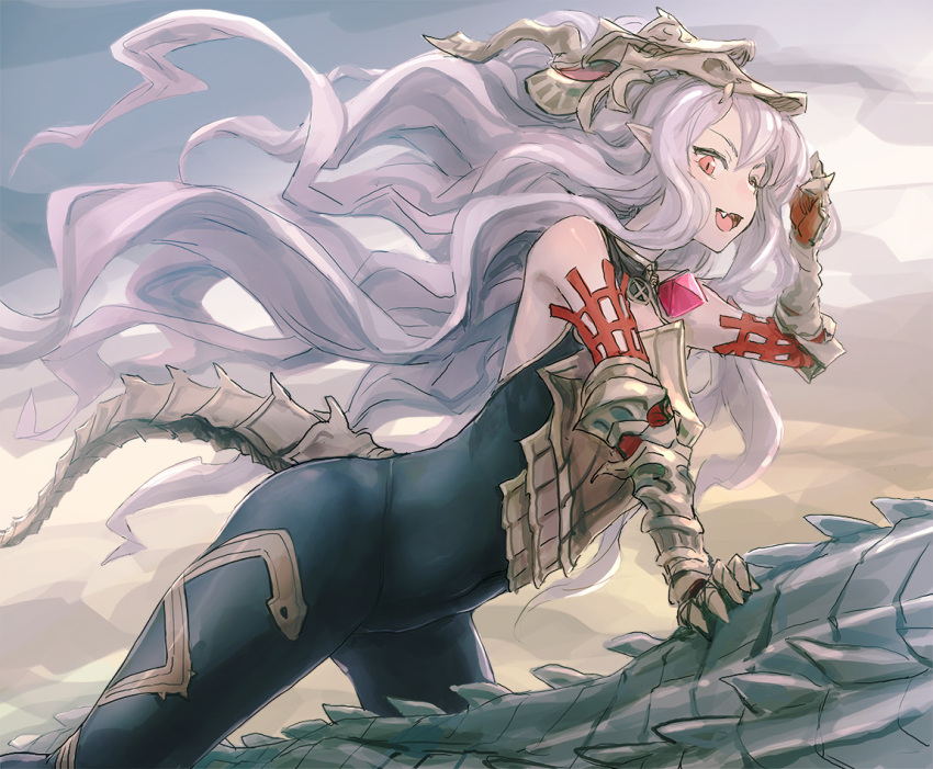 1girl :d bangs bodysuit covered_navel dragon_riding fang floating_hair gauntlets granblue_fantasy grey_hair hand_up hips long_hair mask medusa_(shingeki_no_bahamut) noconol open_mouth outdoors red_eyes riding shingeki_no_bahamut silver_hair smile solo tail thighs very_long_hair