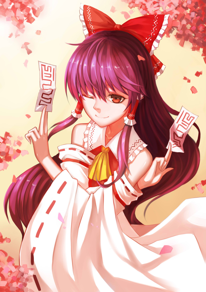 1girl ;) absurdres ascot bangs bare_shoulders bow detached_sleeves hair_bow hair_tubes hakurei_reimu highres hongchajun japanese_clothes long_hair long_sleeves looking_at_viewer miko ofuda one_eye_closed purple_hair red_eyes ribbon-trimmed_sleeves ribbon_trim smile solo touhou very_long_hair wide_sleeves