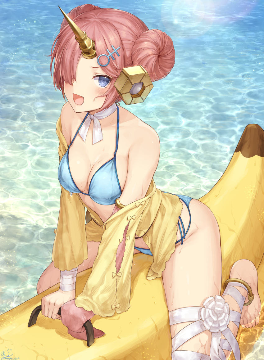 1girl arched_back arm_support banana bandage bandaged_arm bandaged_leg barefoot berserker_of_black bikini bikini_under_clothes blue_bikini blush breasts cleavage commentary_request day double_bun dripping fate/apocrypha fate_(series) flower food frankenstein's_monster_(swimsuit_saber)_(fate) fruit hair_over_one_eye headgear highres horn leaning_forward looking_at_viewer mashu_003 medium_breasts off_shoulder open_clothes open_mouth open_shirt outdoor_stove shirt sitting solo swimsuit water wet yellow_shirt