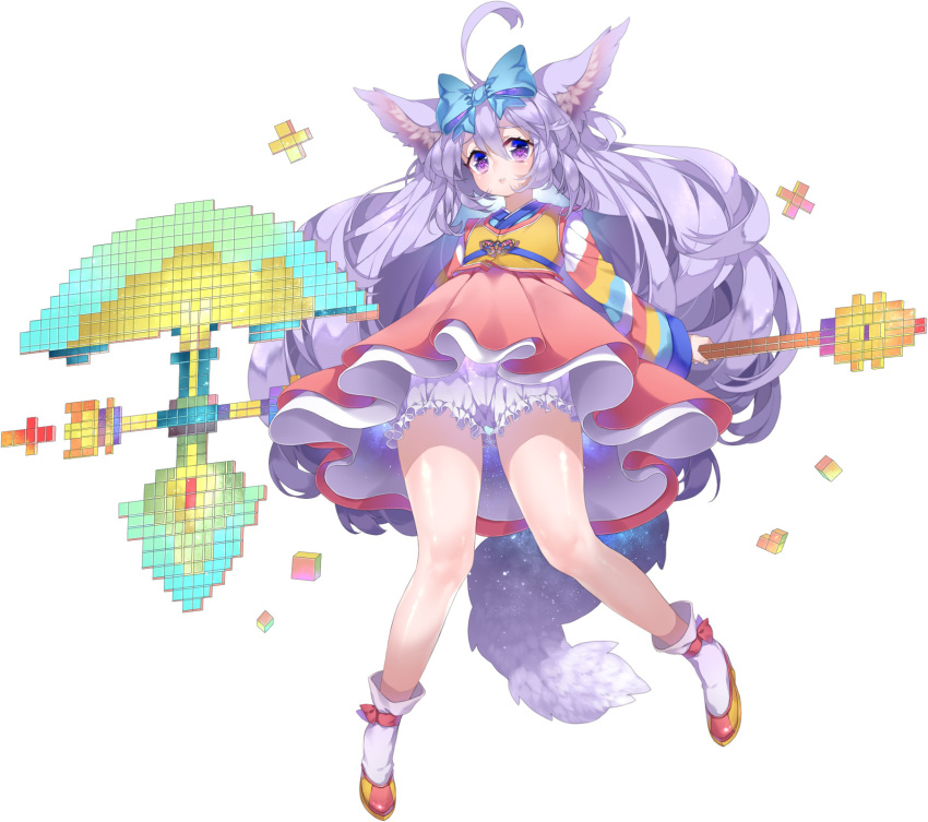 1girl ahoge animal_ears axe battle_axe bloomers blue_bow blush bow deathalice elin_(tera) eyebrows_visible_through_hair fox_ears fox_tail full_body hair_between_eyes hair_bow hanbok highres holding holding_axe holding_weapon korean_clothes long_sleeves low_twintails parted_lips pink_shoes purple_hair shoes simple_background socks solo tail tera_online twintails underwear violet_eyes weapon white_background white_legwear