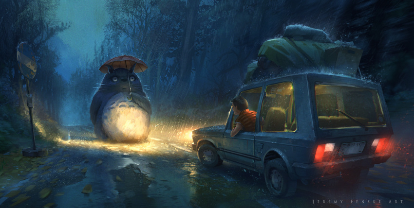 1boy artist_name brown_hair car closed_mouth commentary english forest ground_vehicle highres holding holding_umbrella jeremy_fenske leaf looking_out_window luggage motor_vehicle nature night open_window plant rain red_vest road short_hair sign standing tarp tonari_no_totoro totoro umbrella vest