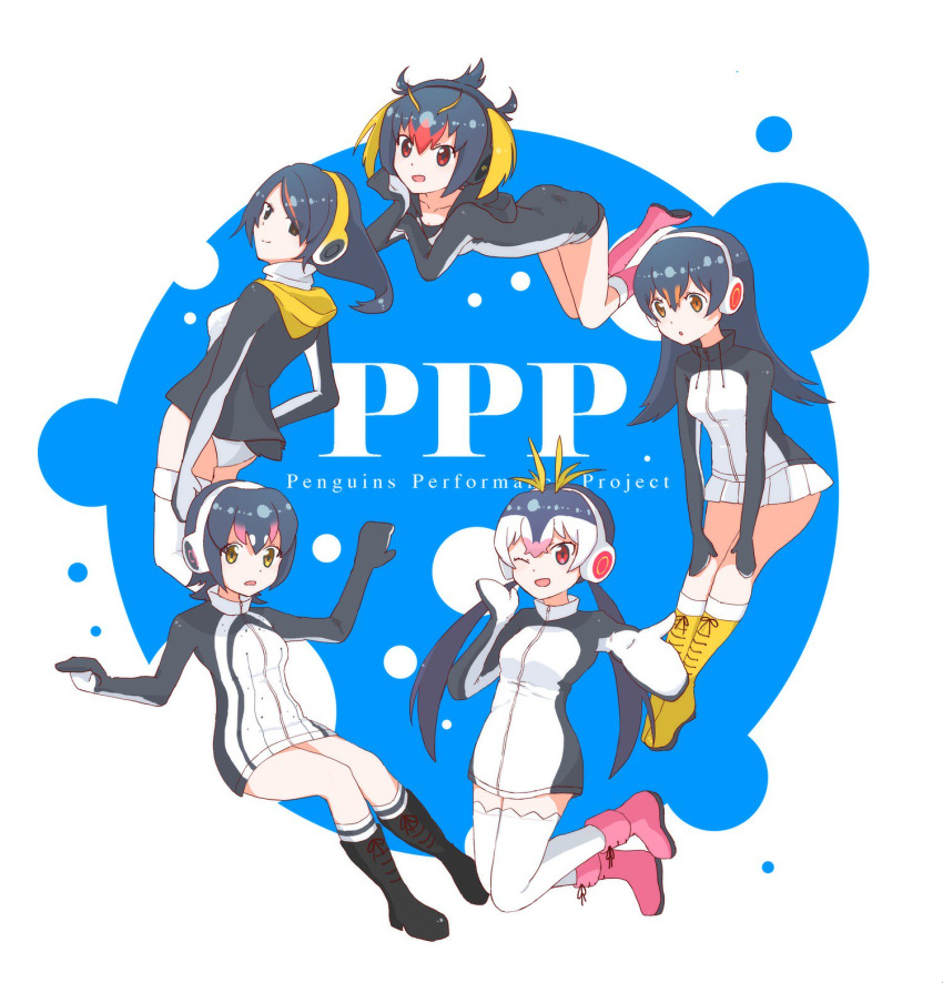 5girls ;d black_boots black_hair blonde_hair boots collarbone emperor_penguin_(kemono_friends) gentoo_penguin_(kemono_friends) gomapiyo_(gmpy_oaio) hands_on_own_knees headphones highres hood hoodie humboldt_penguin_(kemono_friends) jacket kemono_friends long_hair miniskirt multicolored_hair multiple_girls one_eye_closed open_mouth orange_eyes orange_hair penguins_performance_project_(kemono_friends) pink_boots pink_hair pleated_skirt red_eyes rockhopper_penguin_(kemono_friends) royal_penguin_(kemono_friends) short_hair skirt smile streaked_hair thigh-highs white_hair white_legwear white_skirt yellow_boots yellow_eyes