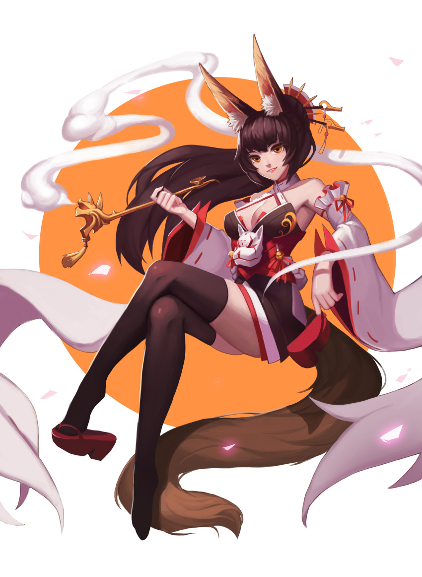 1girl absurdres animal_ears bangs bare_shoulders bell black_hair black_legwear breasts brown_eyes cleavage criss-cross_halter detached_sleeves fox_ears fox_mask fox_tail full_body geta hair_ornament hair_stick halterneck highres holding holding_shoes hongchajun invisible_chair japanese_clothes jingle_bell kimono kiseru large_breasts legs legs_crossed long_sleeves mask obi parted_lips pipe ponytail red_ribbon ribbon ribbon-trimmed_sleeves ribbon_trim sash shoes short_kimono sitting smile smoke solo sun tail thigh-highs wide_sleeves wind