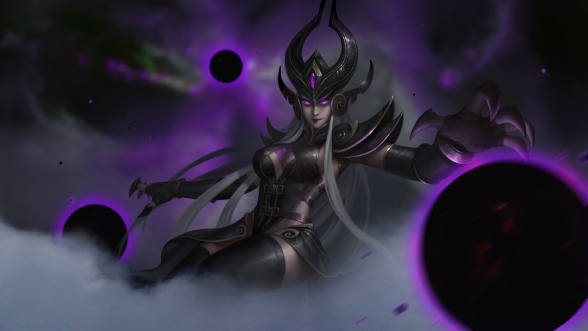 1girl belt black_legwear breasts cleavage futoshi_(tekidai) glowing glowing_eyes headpiece highres league_of_legends lipstick long_hair looking_at_viewer makeup medium_breasts orb outstretched_hand purple_lipstick solo syndra violet_eyes white_hair