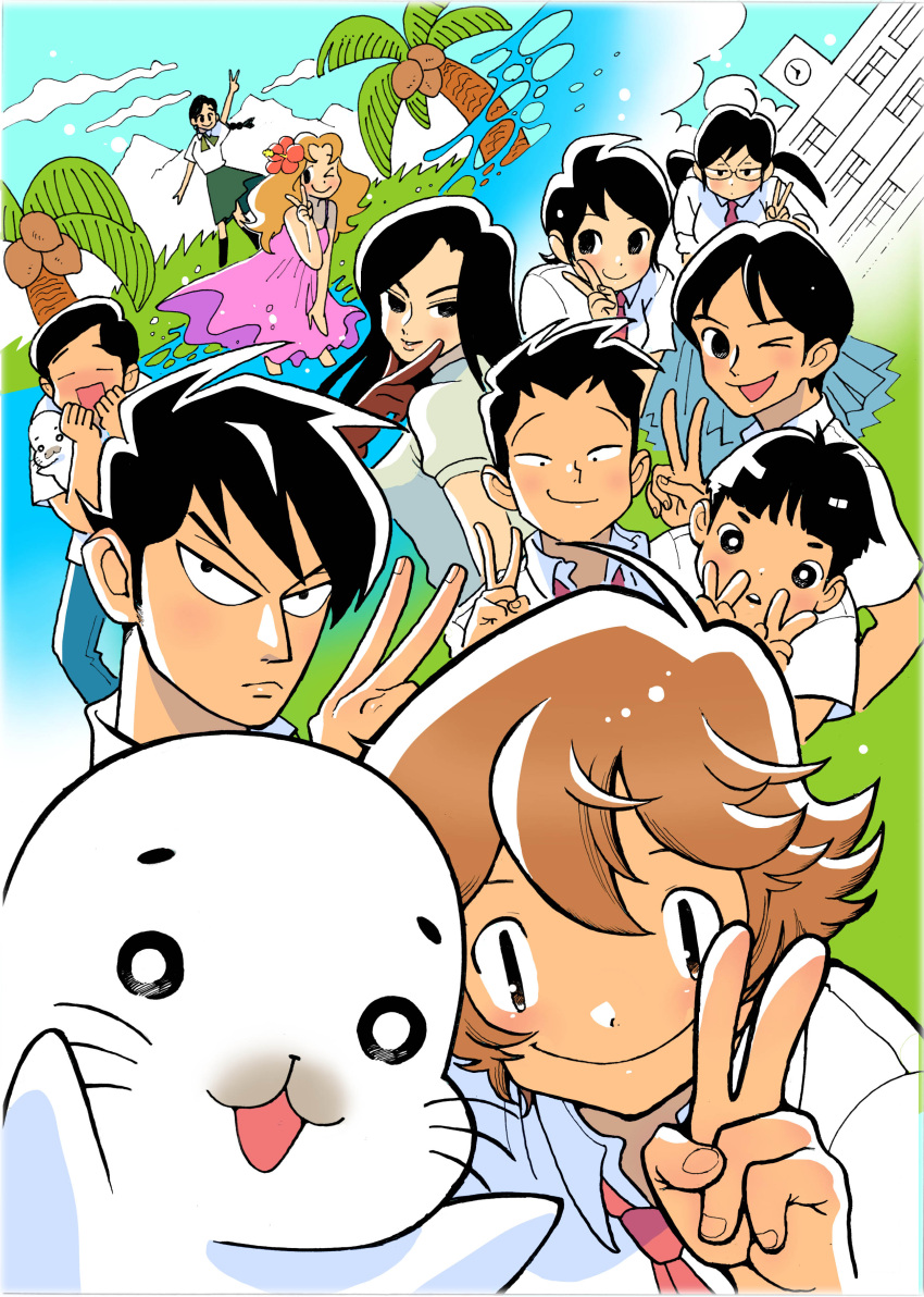 5boys 6+girls absurdres anan_sugao ashiya_ashibe black_eyes braid brown_eyes brown_hair character_request coconut_tree dress_shirt everyone flower glasses goma-chan hair_flower hair_ornament highres island long_hair multiple_boys multiple_girls official_art palm_tree school school_uniform seal seishounen_ashibe shirt short_hair shounen_ashibe skirt smile syoooheeei tree twin_braids twintails v