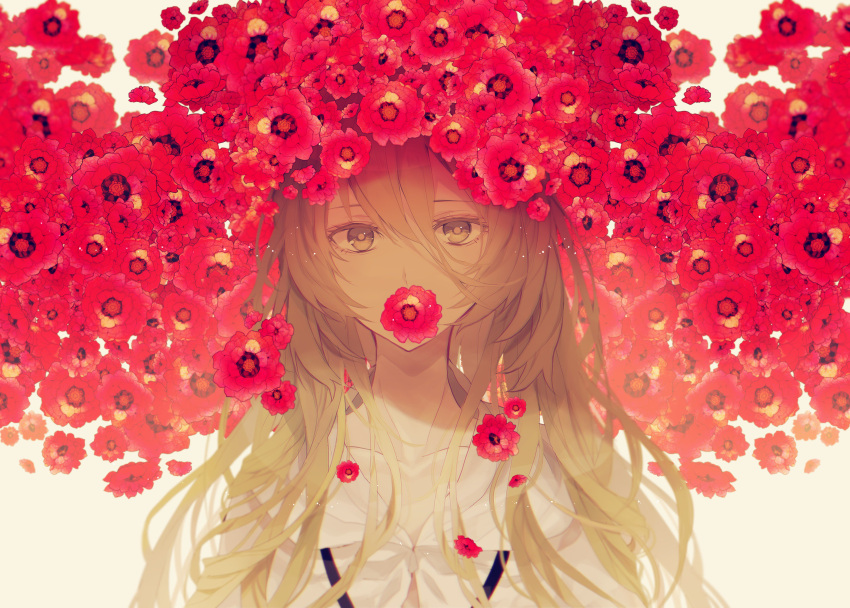 1girl absurdres collarbone commentary_request covered_mouth hair_between_eyes highres light_brown_eyes light_brown_hair long_hair looking_at_viewer original red_flower satsuki_(miicat) simple_background solo upper_body
