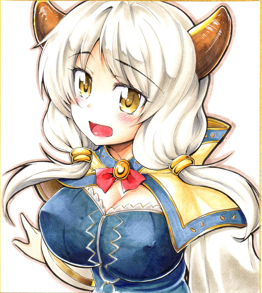 1girl breasts capelet doraf fuyuzora granblue_fantasy highres horns kumuyu large_breasts silver_hair smile traditional_media wide_sleeves yellow_eyes