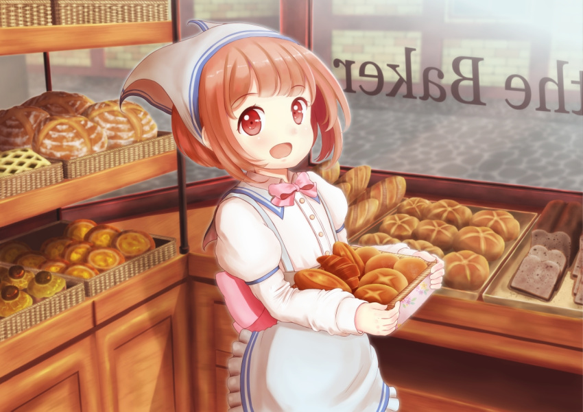 1girl :d apron bakery bangs basket blush bow bread brown_hair collared_shirt commentary_request day eyebrows_visible_through_hair food frilled_skirt frills head_scarf holding_basket indoors juliet_sleeves loaf_of_bread long_sleeves looking_at_viewer masaki_mao open_mouth original pink_bow puffy_sleeves red_eyes sailor_collar sailor_shirt shirt shop short_hair skirt slice_of_bread smile solo standing suspender_skirt suspenders white_shirt white_skirt window