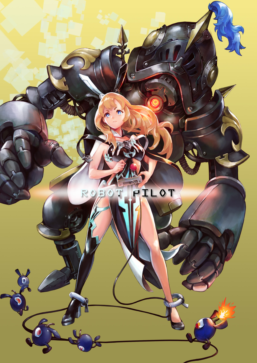 1girl absurdres anklet black_boots black_shoes blonde_hair blue_eyes boots breastplate cape closed_mouth commentary controller creature english fire frown gradient gradient_background head_tilt high_heels highres holding jewelry ji_yeun_kim joystick legs_apart long_hair original pelvic_curtain robot shoes single_eye single_thigh_boot standing wire