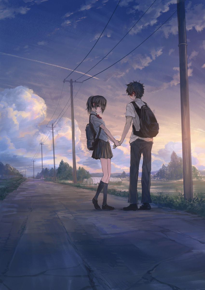 1boy 1girl absurdres backpack bag black_hair black_legwear black_pants black_shoes black_skirt blouse blush bow bowtie closed_mouth clouds cloudy_sky collared_blouse commentary_request couple dirt_road evening from_behind from_side grass hand_holding highres kneehighs loafers looking_at_viewer outdoors pants pleated_skirt power_lines red_bow red_bowtie shirt shoes short_hair short_ponytail short_sleeves skirt sky standing sunlight telephone_pole tree vanishing_point white_blouse white_shirt wing_collar you_shimizu