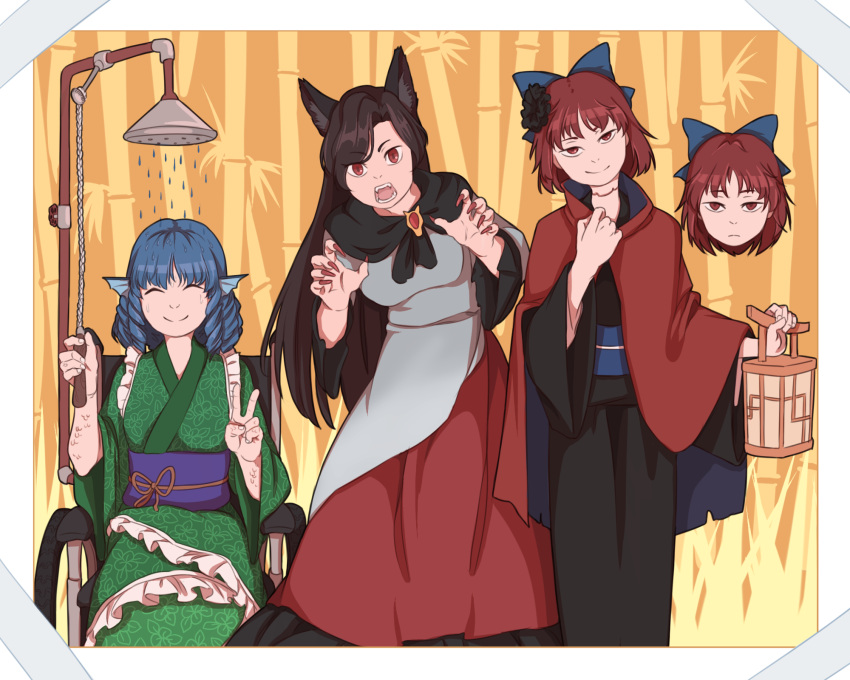 &gt;:o 3girls :o ^_^ animal_ears bamboo_print blue_hair bow brown_hair cape cape_tug capelet chains closed_eyes disembodied_head dress drill_hair expressionless fangs fingernails floral_print flower framed_image frills hair_bow hair_flower hair_ornament head_fins highres holding_lantern imaizumi_kagerou japanese_clothes kimono lantern long_fingernails long_hair mefomefo multiple_girls nail_polish neck_scar open_mouth red_dress red_eyes red_nails redhead sash scales sekibanki short_hair shower_head sitting smile smirk touhou tube v valve wakasagihime water_drop wheelchair white_dress wolf_ears
