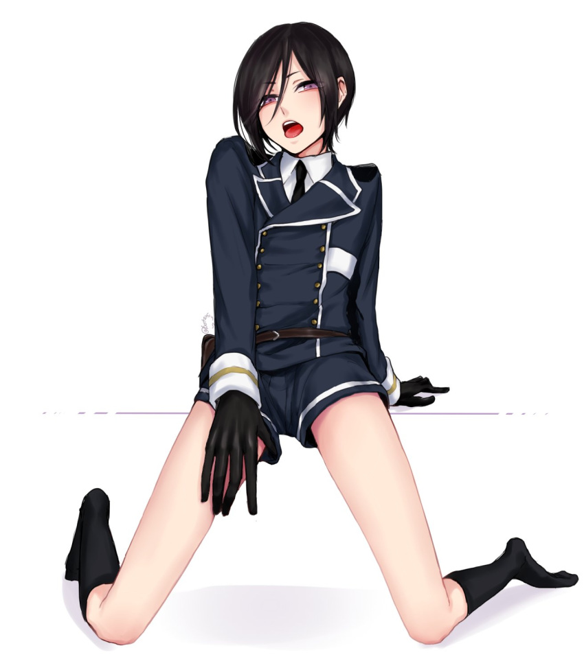 1boy black_gloves black_hair black_legwear bota_(tsuboyan) double-breasted gloves hand_on_own_thigh highres legs looking_at_viewer male_focus military military_uniform necktie open_mouth pale_skin shorts simple_background socks solo tongue tongue_out touken_ranbu uniform violet_eyes white_background yagen_toushirou