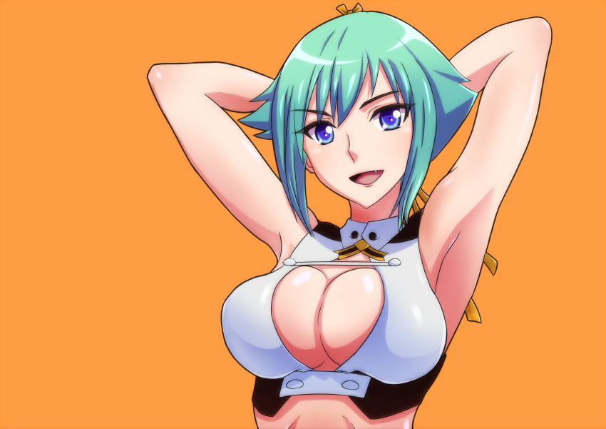 1girl absurdres aquarion_(series) aquarion_evol armpits arms_behind_head blue_eyes breasts cleavage cleavage_cutout crop_top fang green_hair hair_ribbon highres large_breasts midnight_(midnightstream3) open_mouth orange_background ribbon simple_background smile solo upper_body zessica_wong