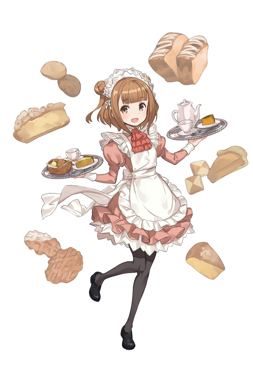1girl :d artist_request bangs beatrice_(princess_principal) black_legwear black_shoes blunt_bangs brown_hair cookie cup double_bun food highres holding holding_tray juliet_sleeves long_sleeves maid open_mouth pantyhose princess_principal puffy_sleeves saucer shoes slice_of_pie smile solo standing teacup teapot tray waffle