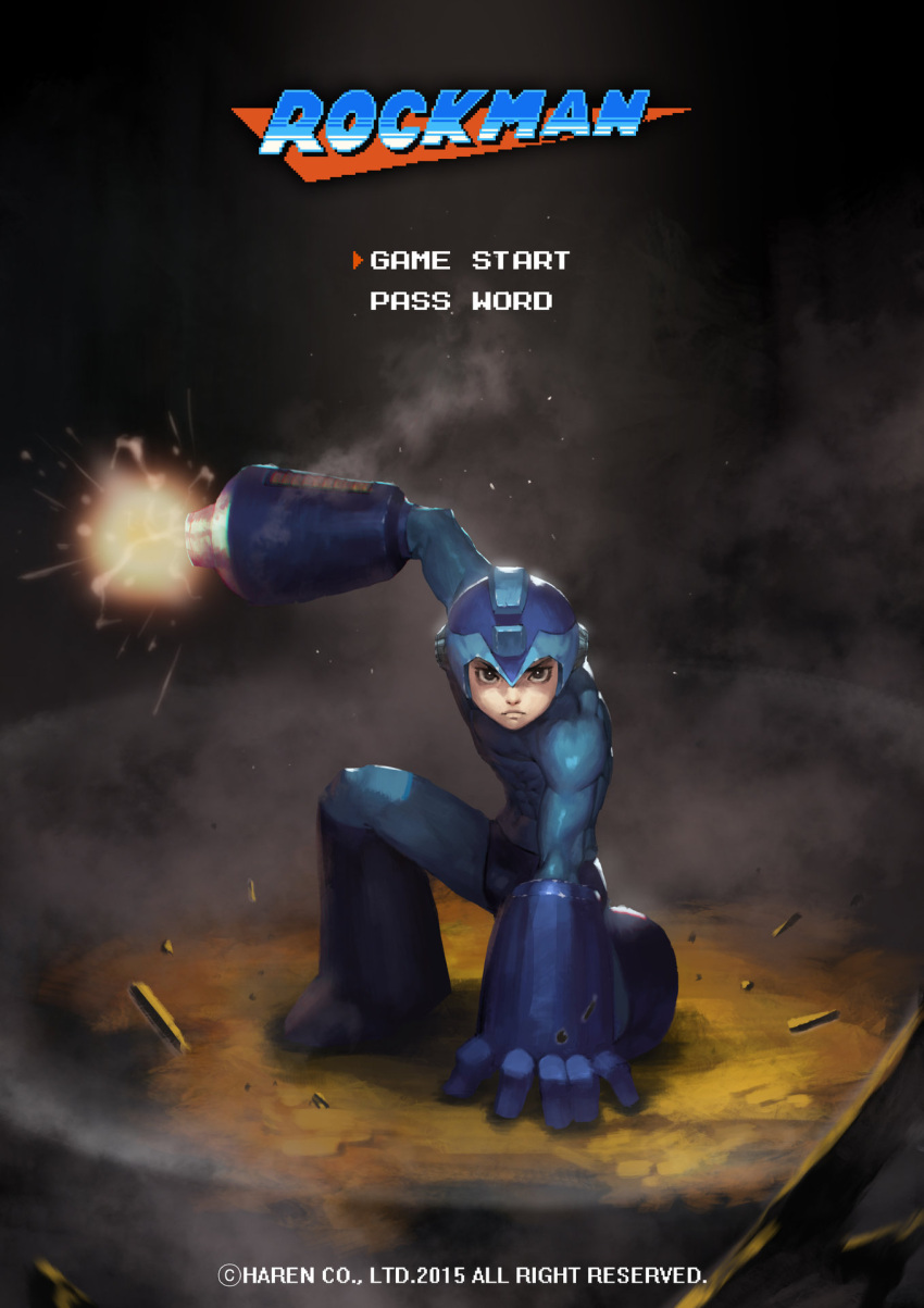 1boy android arm_cannon bodysuit brown_eyes copyright_name helmet highres kim_han_seul logo muscle one_knee rockman rockman_(character) rockman_(classic) solo title_screen weapon