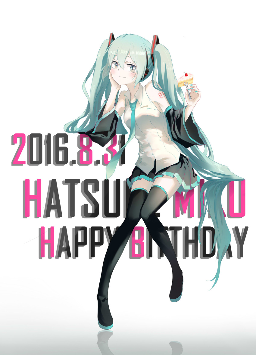 1girl 2016 arm_support black_boots black_skirt blue_hair blue_necktie boots cake character_name dated detached_sleeves dress_shirt food full_body grey_eyes hair_between_eyes hair_ornament hand_on_headphones happy_birthday hatsune_miku headphones highres holding long_hair looking_at_viewer miniskirt muta_(csw) necktie number pleated_skirt shirt simple_background skirt sleeveless sleeveless_shirt solo tattoo thigh-highs thigh_boots twintails very_long_hair vocaloid white_background white_shirt zettai_ryouiki